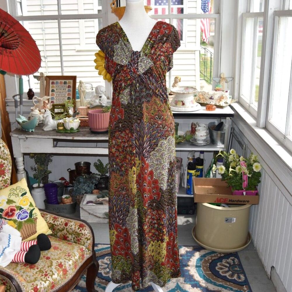 Boho Paisley Patchwork Maxi Dress Womens Empire Waist Festival 53" M/L